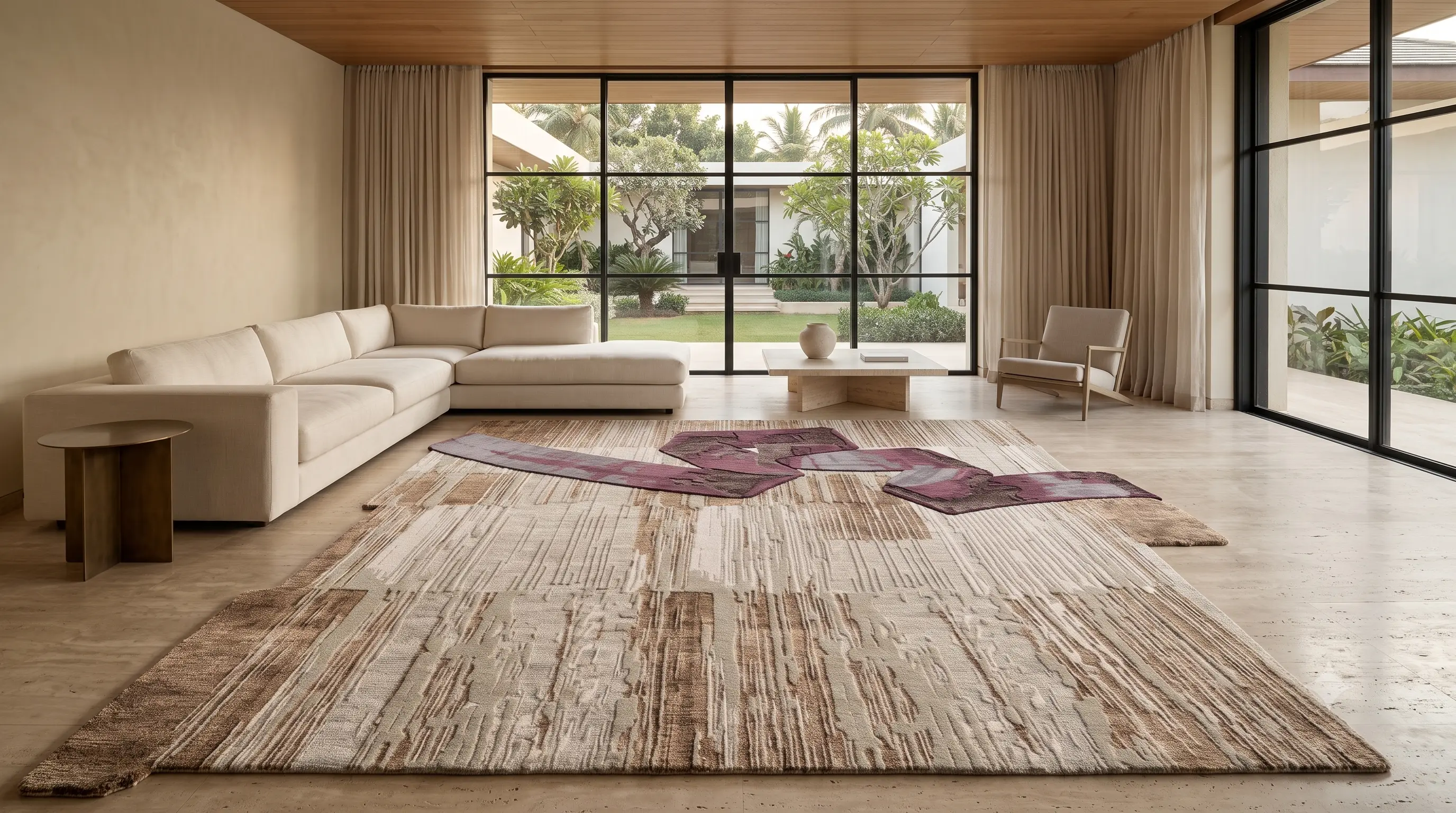 The Mauve FROST rug in a warm, architectural living room